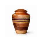 personalized wood urn with name with a striped design on a white background