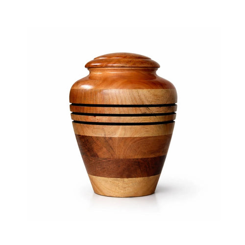personalized wood urn with name with a striped design on a white background