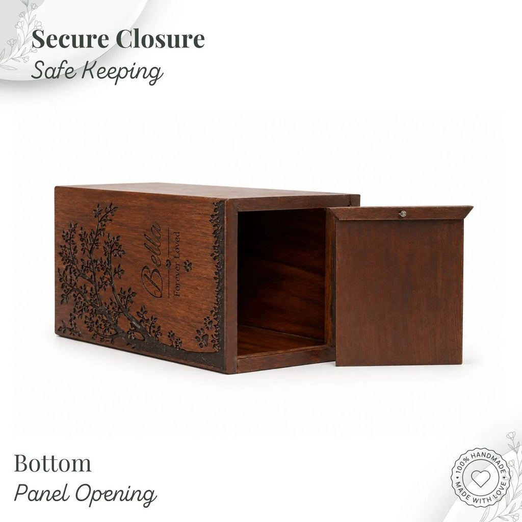 Wooden storage box with floral engraving and 'Bella' branding on a white background.