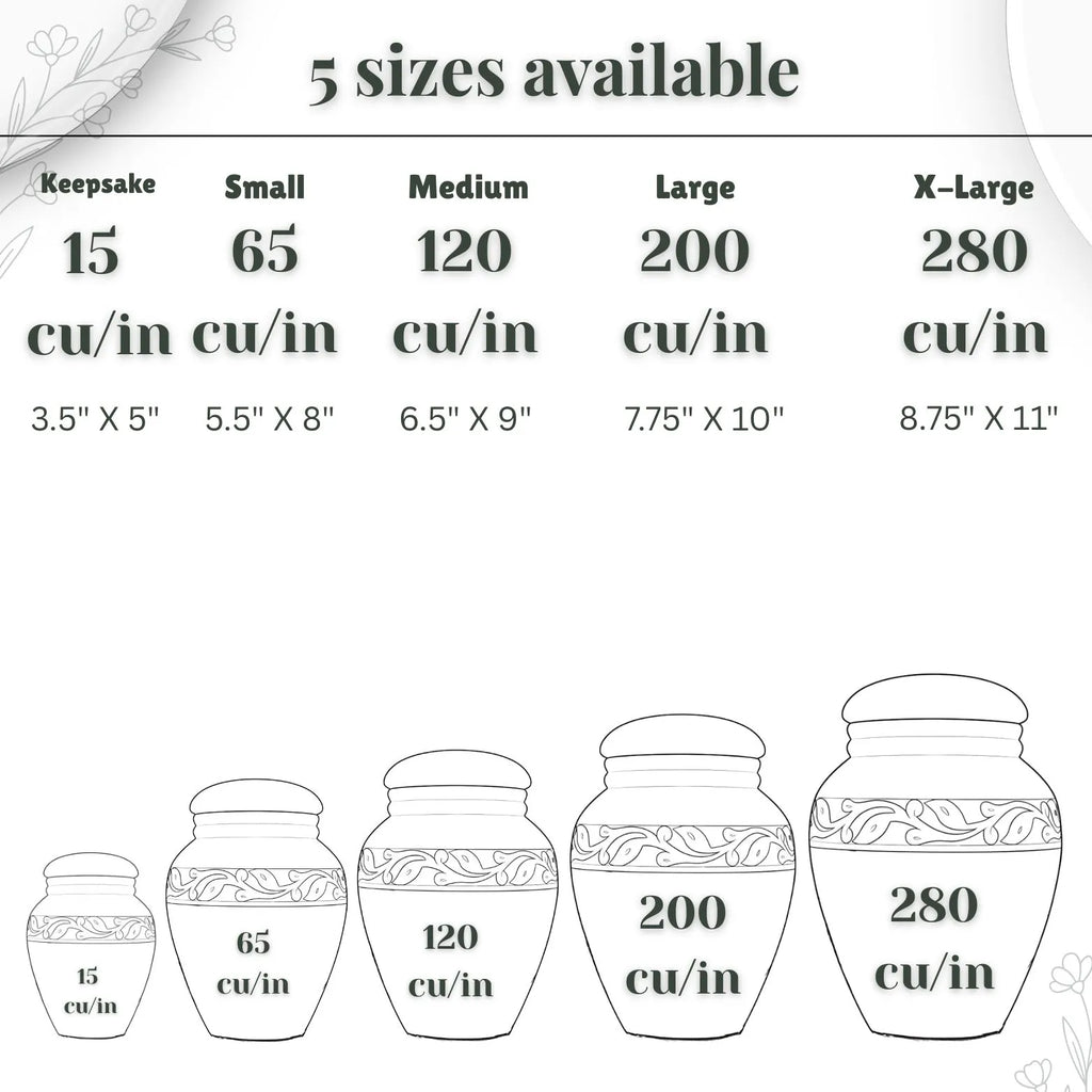 Size chart for urns with dimensions and capacities listed.