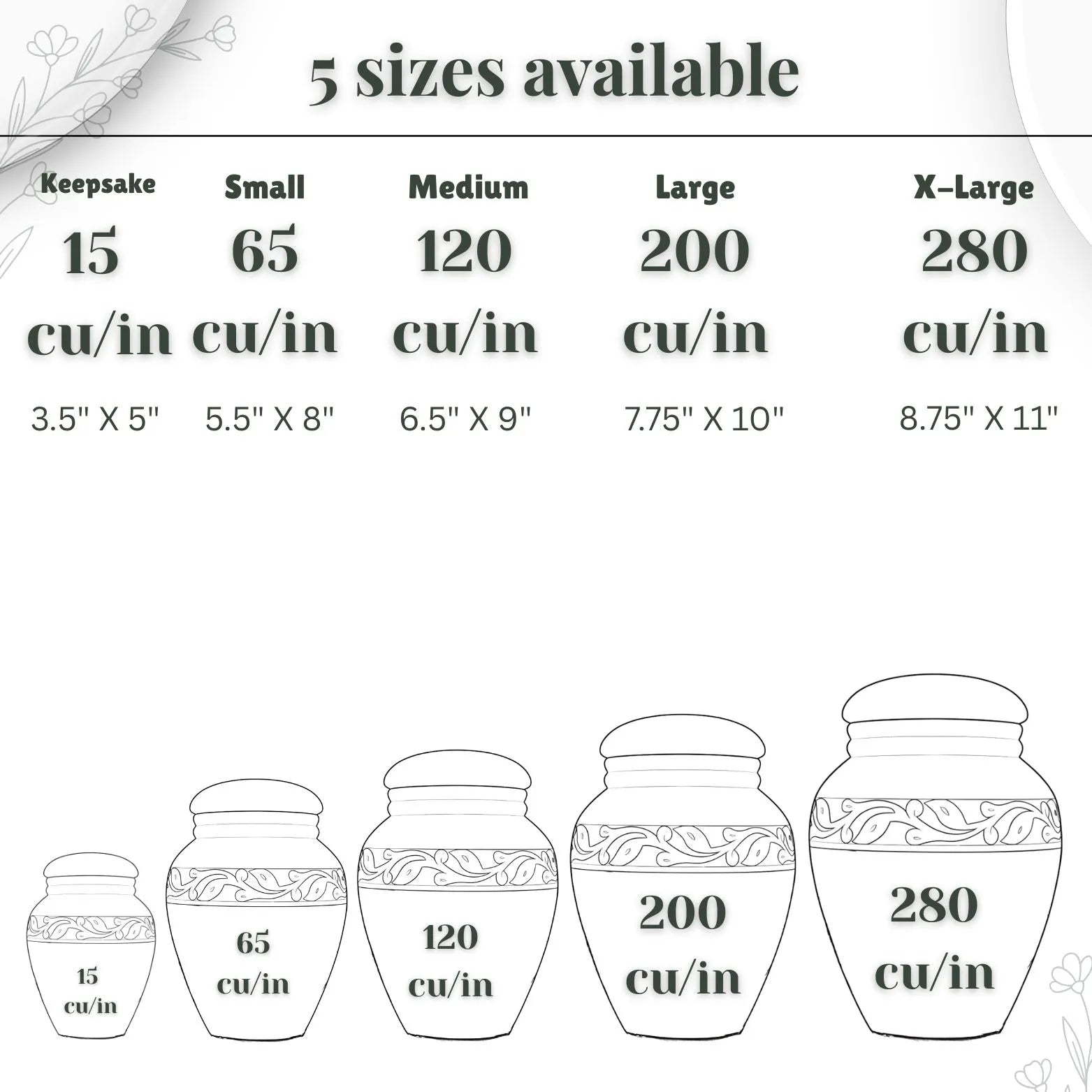 Size chart for urns with dimensions and capacities listed.
