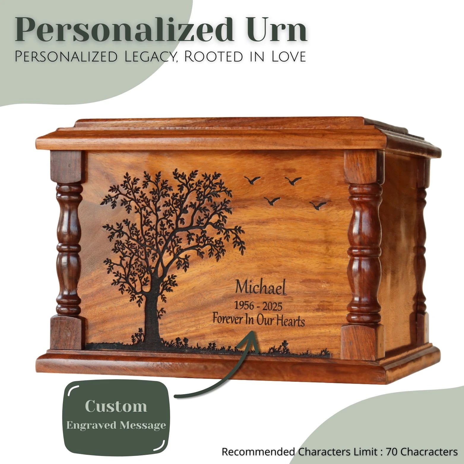 Wooden urn with engraved tree design and personalized text on a white background