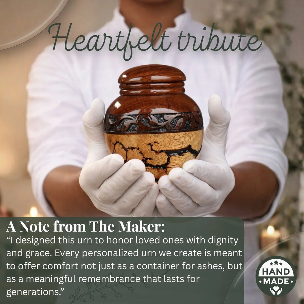 Person holding a wooden urn with text about a 'Heartfelt tribute' and 'Note from The Maker'.