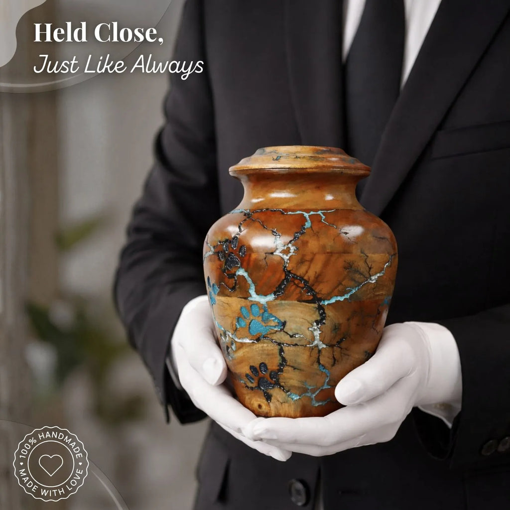 Person holding a marbled urn with white gloves against a blurred background