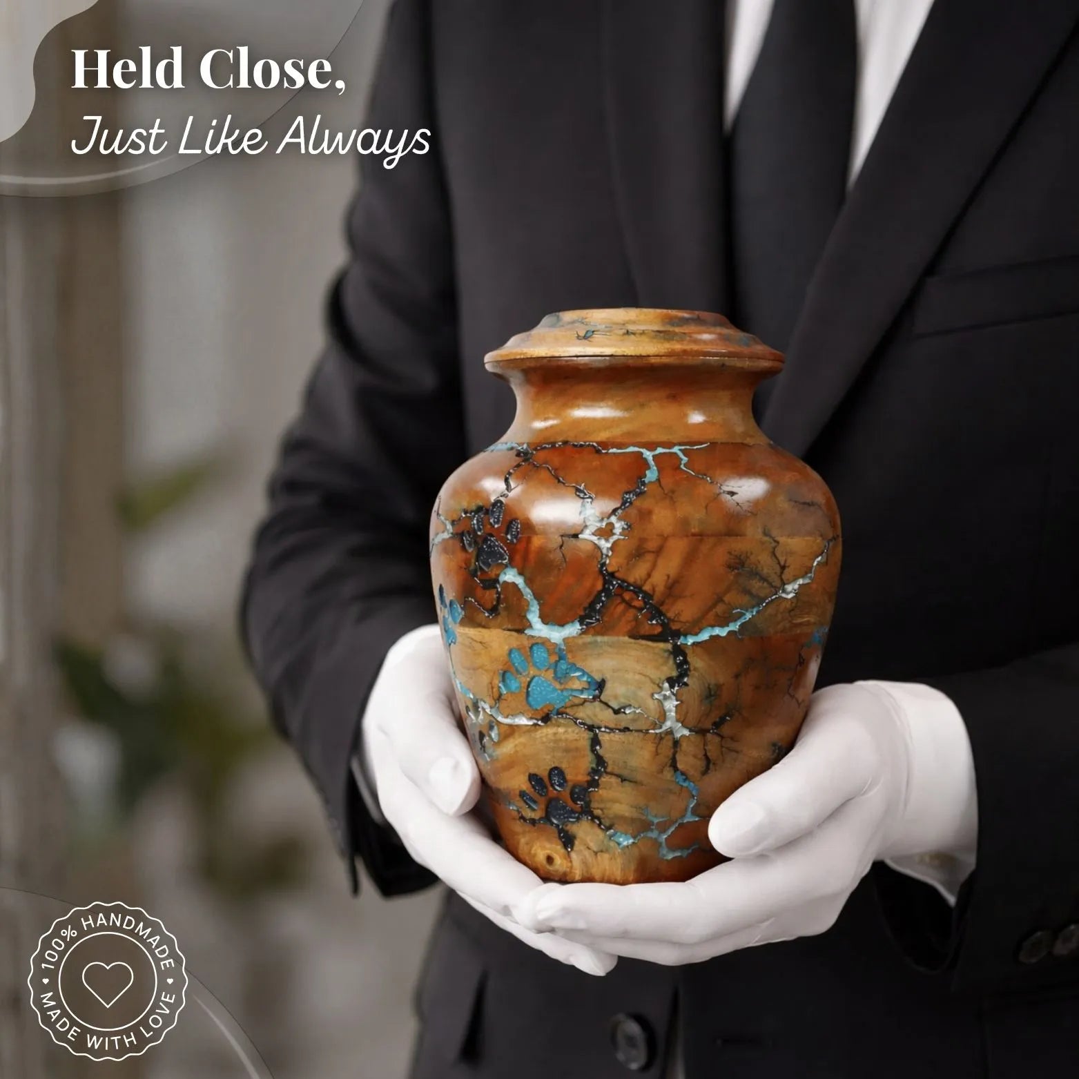 Person holding a marbled urn with white gloves against a blurred background