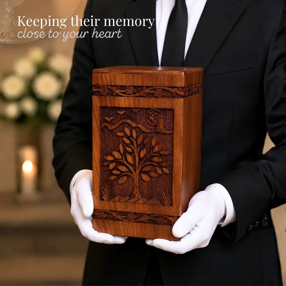 Person in formal attire holding a wooden urn with a tree design, surrounded by flowers and candles.