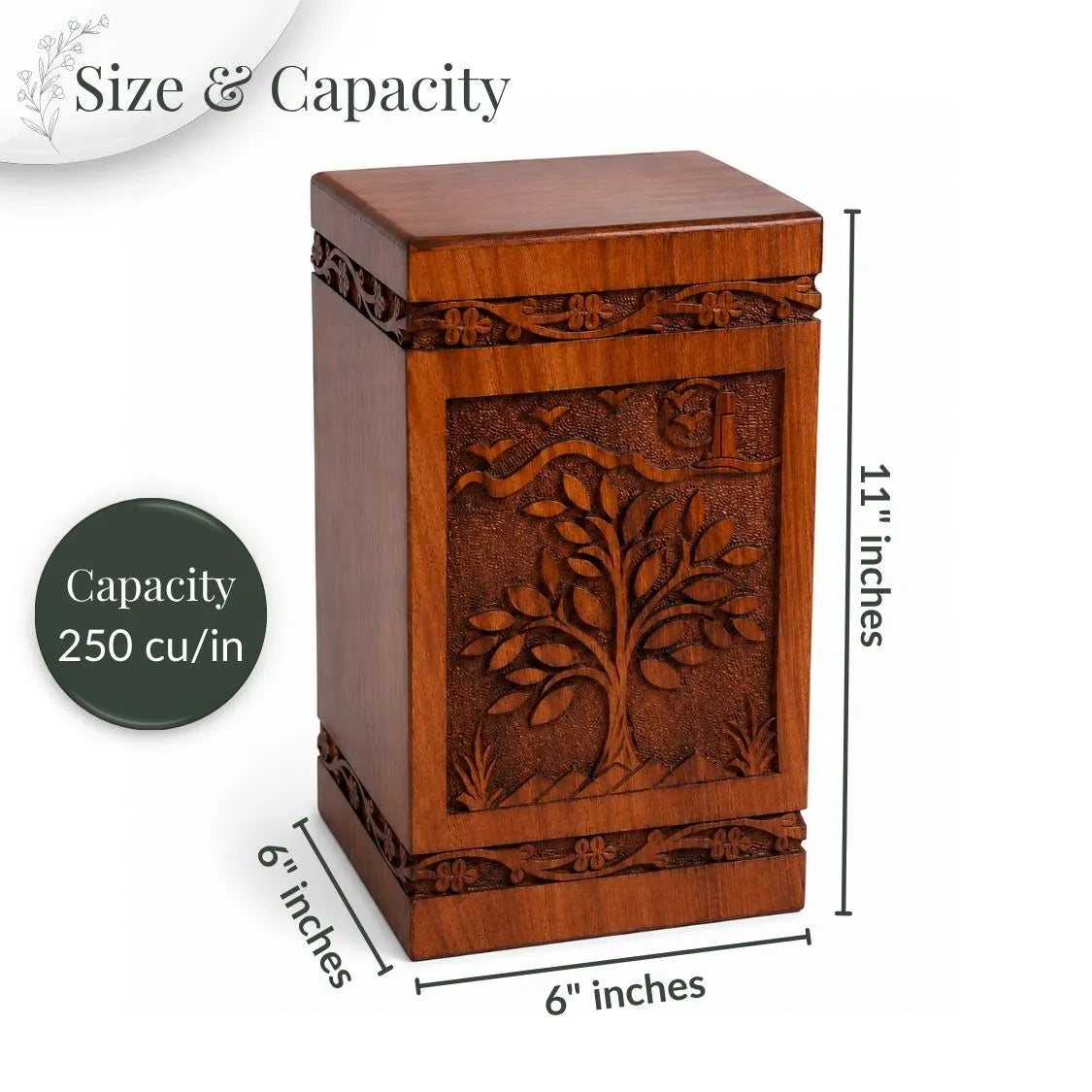 Wooden urn with tree design and measurements on a white background