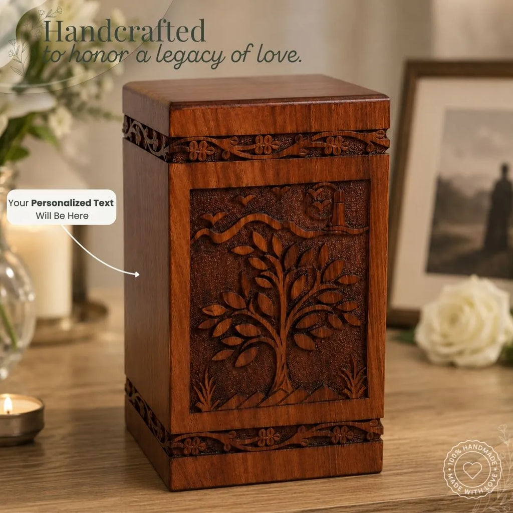 Wooden urn with tree design on a table with decorative items.