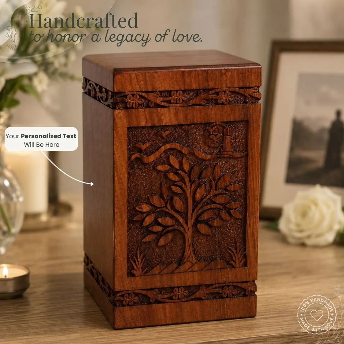 Wooden urn with tree design on a table with decorative items.