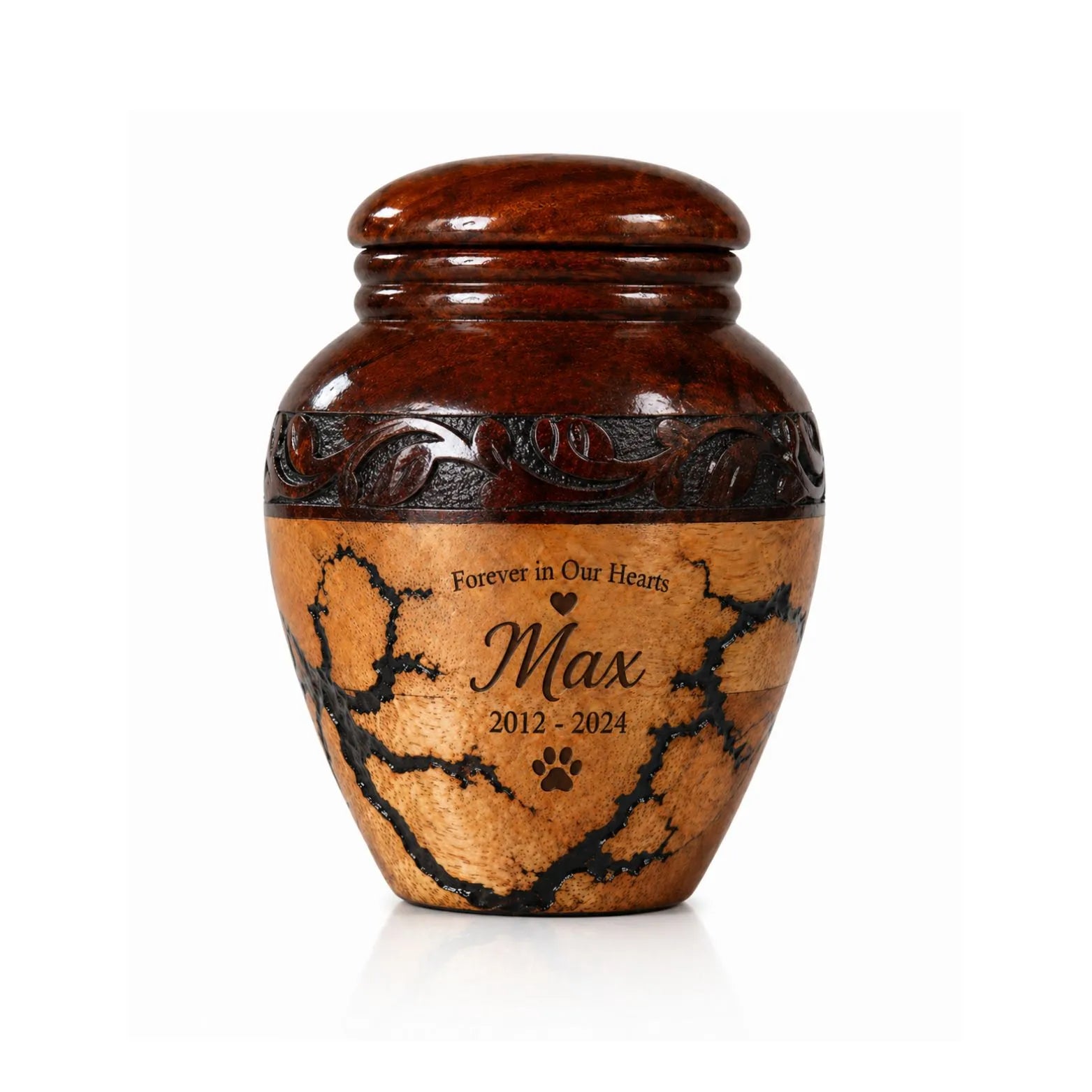 personalized wood pet urn with name with engraved text on a white background