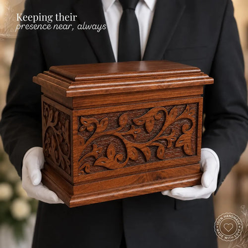 Person in formal attire holding a wooden urn with intricate carvings.