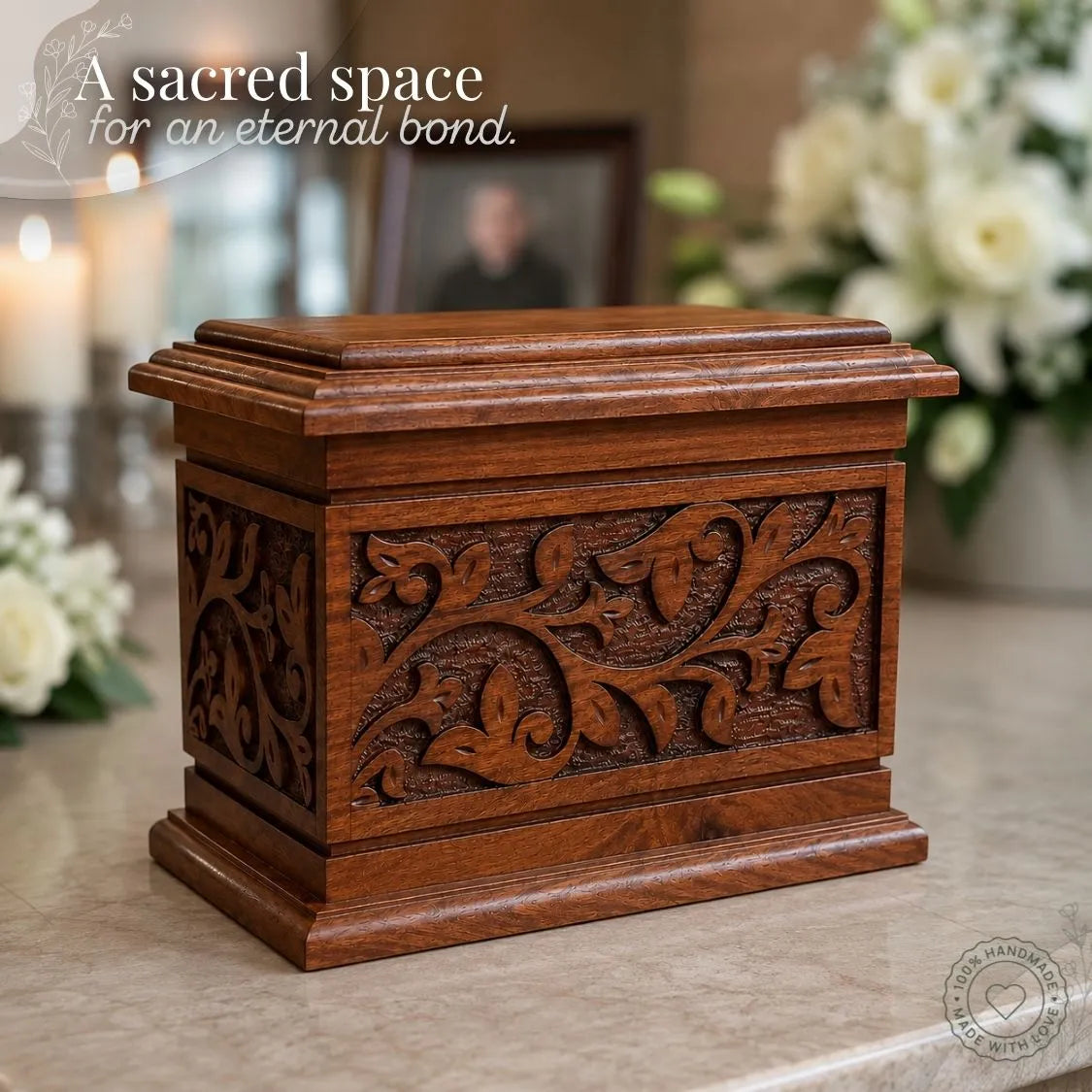Wooden urn with intricate carvings on a marble surface, with flowers and a photo in the background.