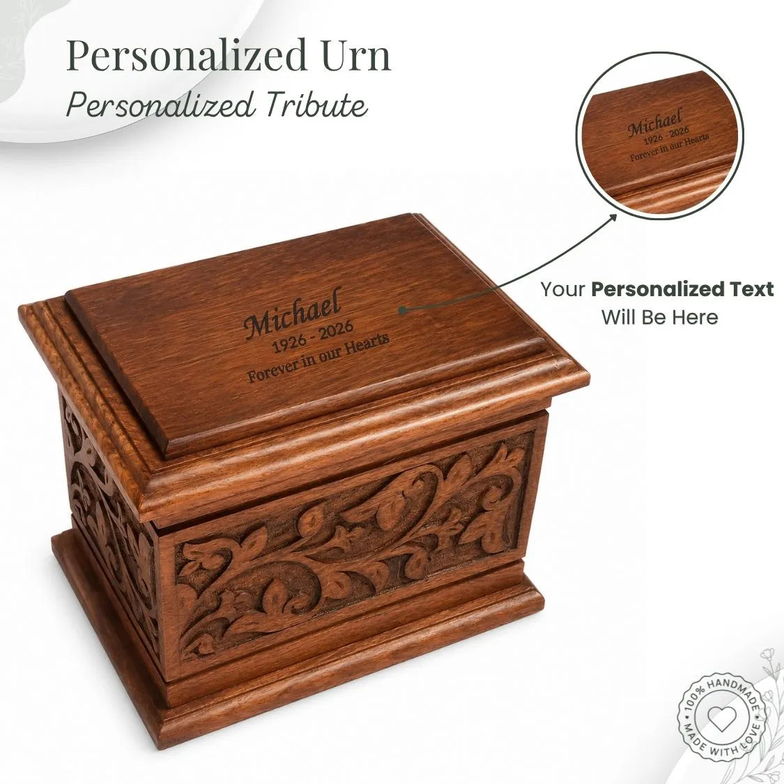 Wooden urn with engraved text on a white background