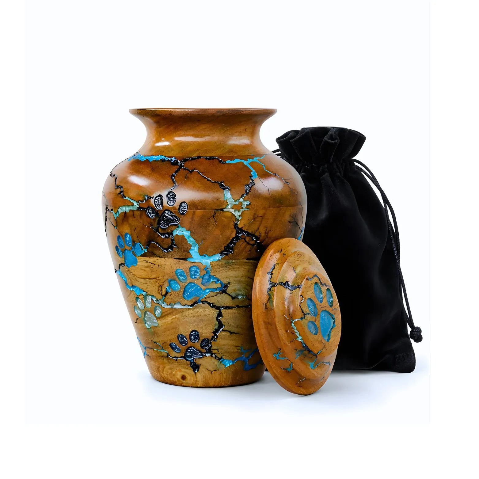 A Handmade wooden pet urn for dog with decorative elements on a white background