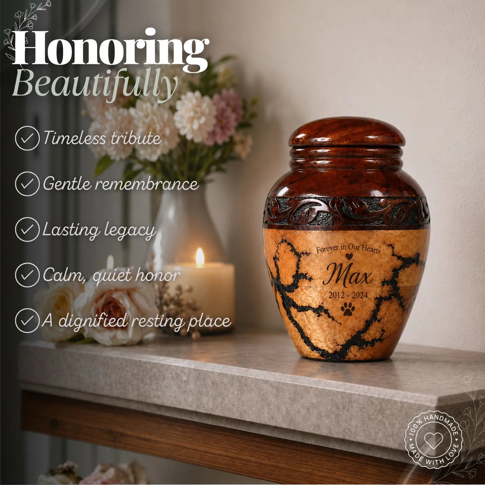 Wooden urn with engraved text on a surface with decorative elements