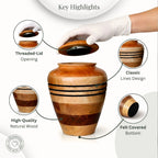 Wooden urn with features highlighted on a white background