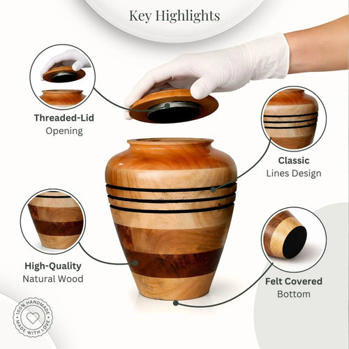 Wooden urn with features highlighted on a white background