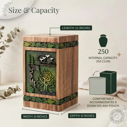 Wooden urn with decorative elements on a light background, showing size and capacity details.