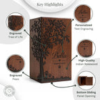 Wooden pet urn with engraved tree of life and 'Bella' text, featuring key highlights on a white background.