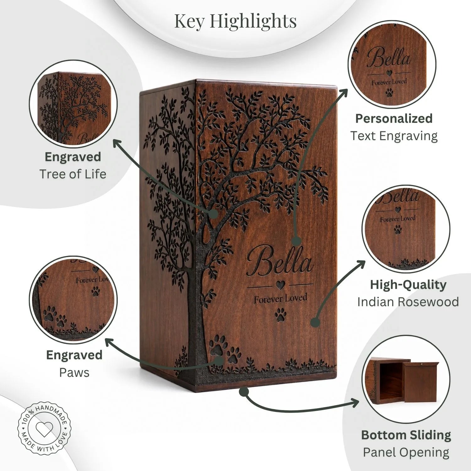 Wooden pet urn with engraved tree of life and 'Bella' text, featuring key highlights on a white background.