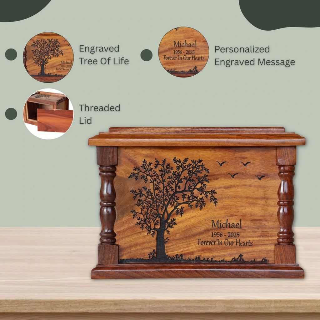 Wooden urn with engraved tree design and personalized message on a light green background