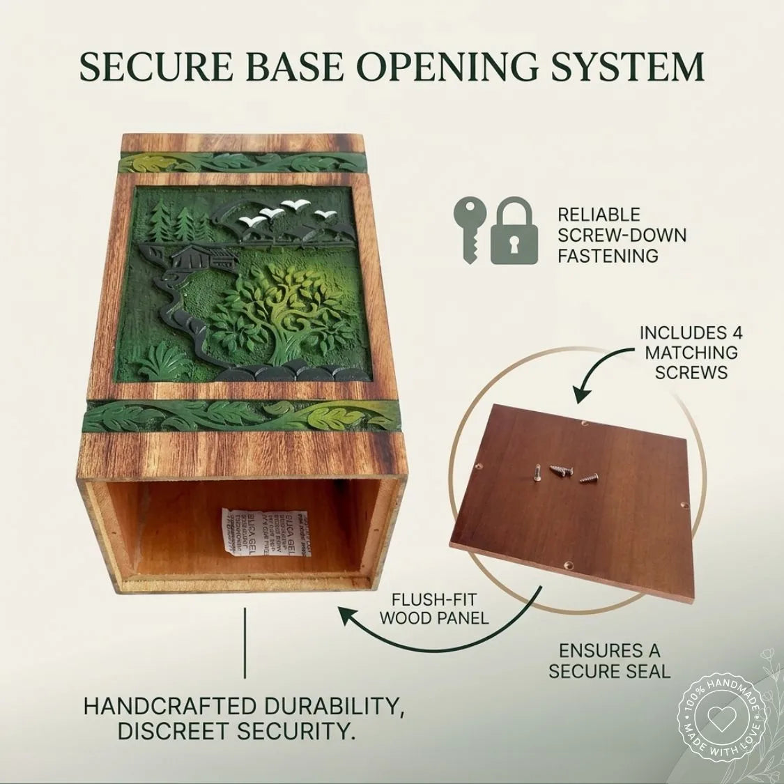 Wooden box with nature-themed design and text describing a secure base opening system.