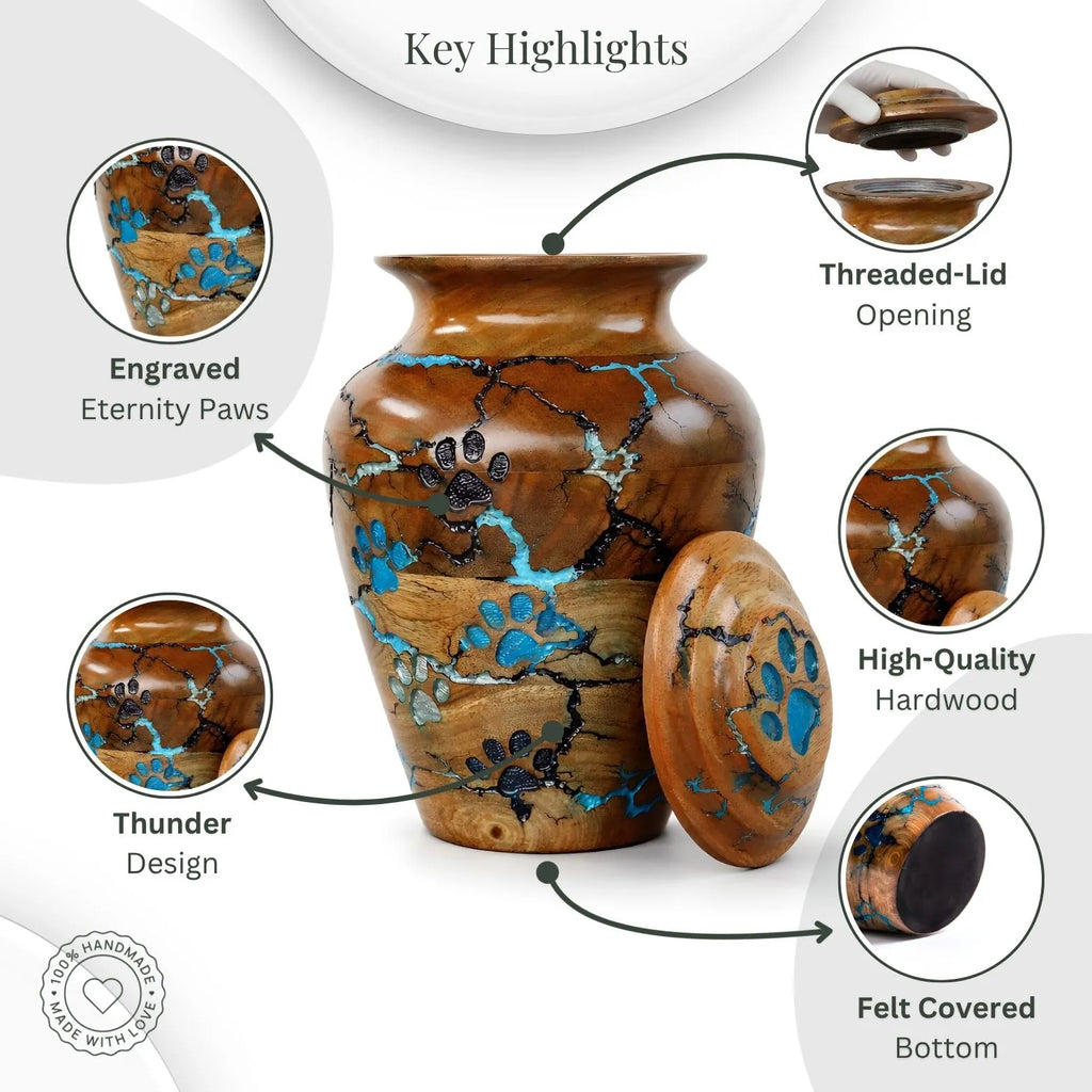 Wooden urn with engraved designs on a white background