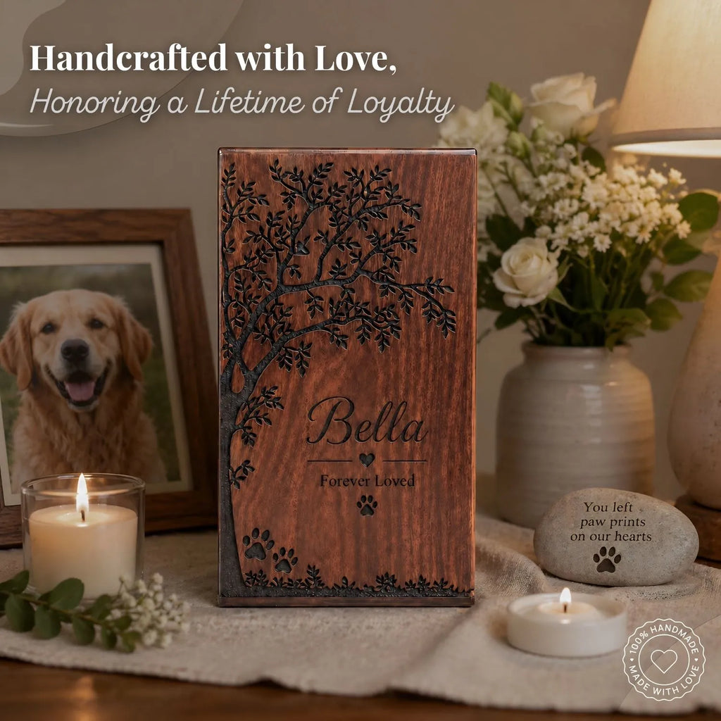 Wooden plaque with engraved tree and 'Bella' on a table with candles and flowers.