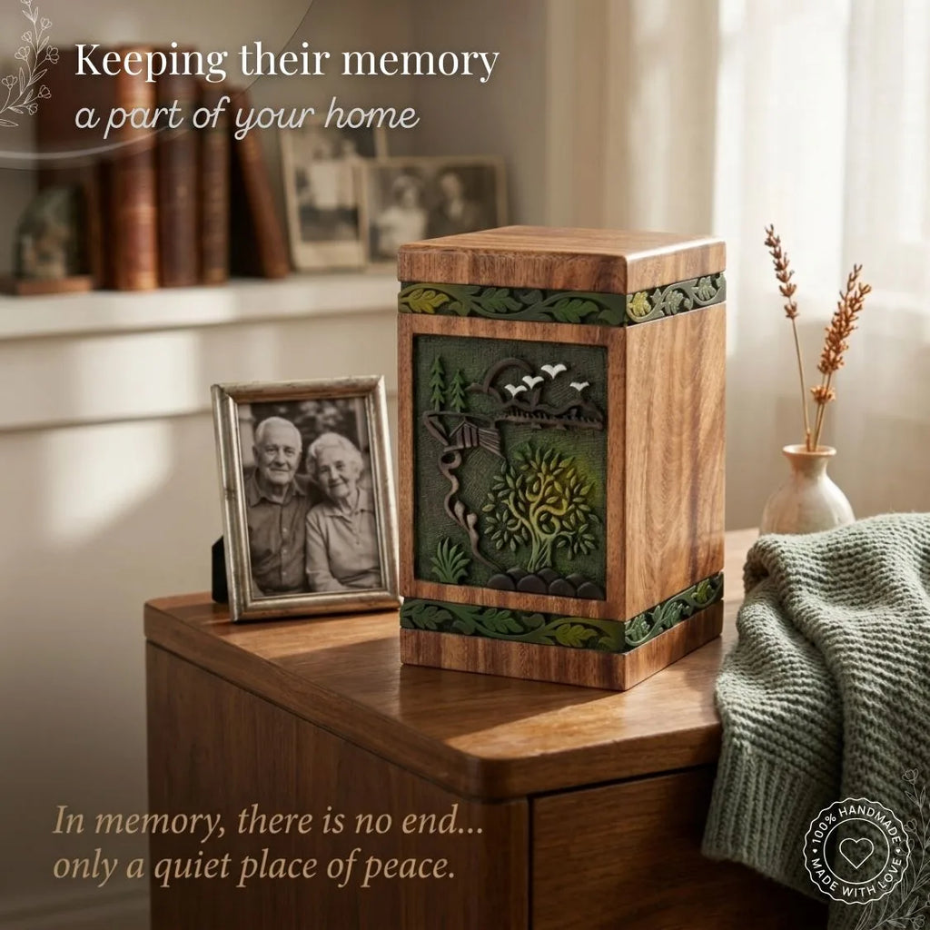 Decorative wooden urn with embossed design on a wooden surface, surrounded by photos and a vase.