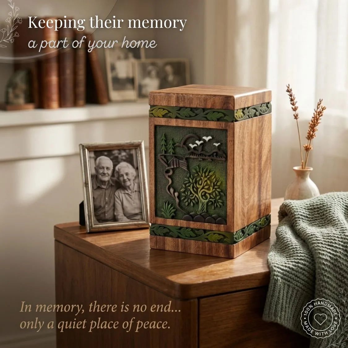 Decorative wooden urn with embossed design on a wooden surface, surrounded by photos and a vase.