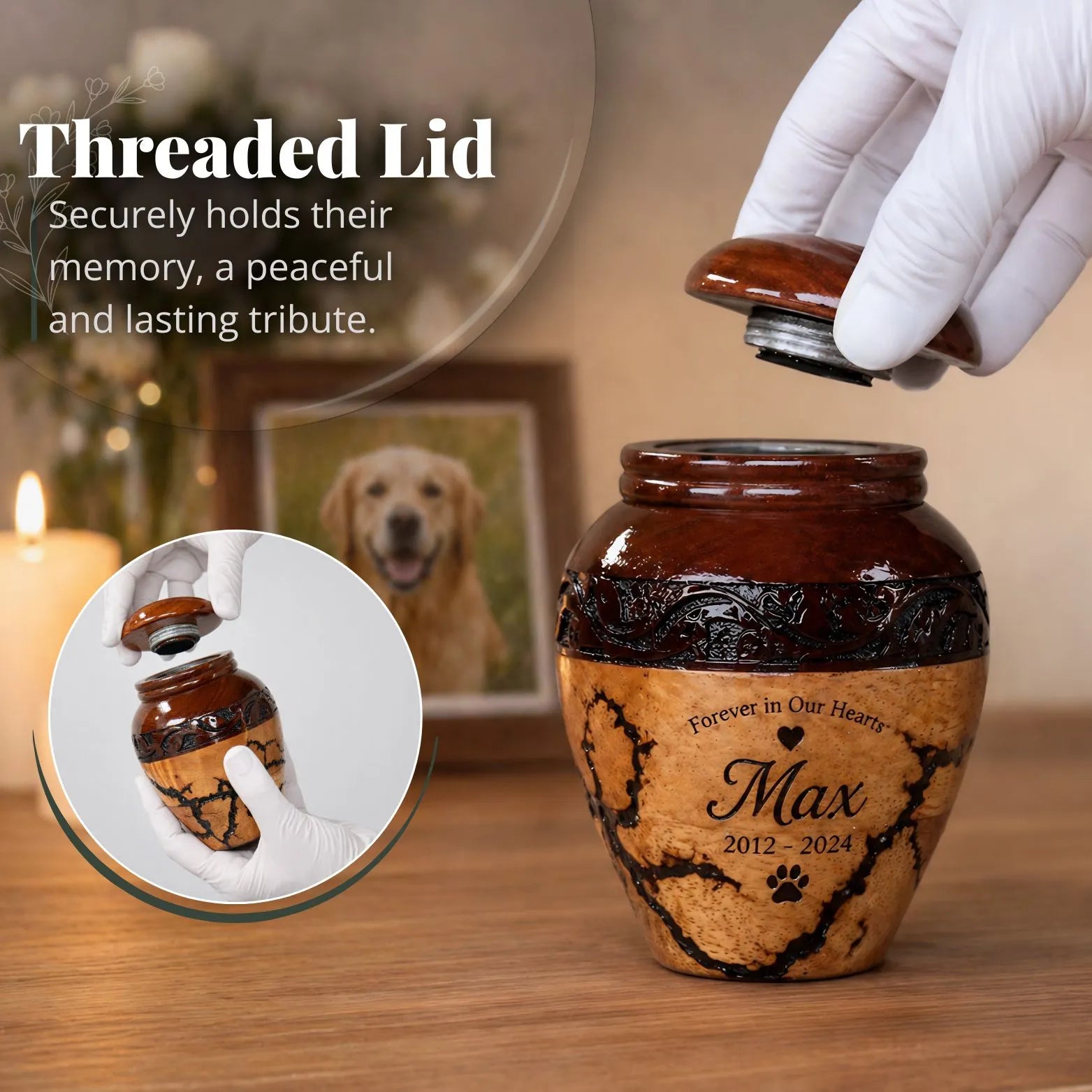 Brown pet urn with engraved text, threaded lid, and gloved hand holding it on a wooden surface.