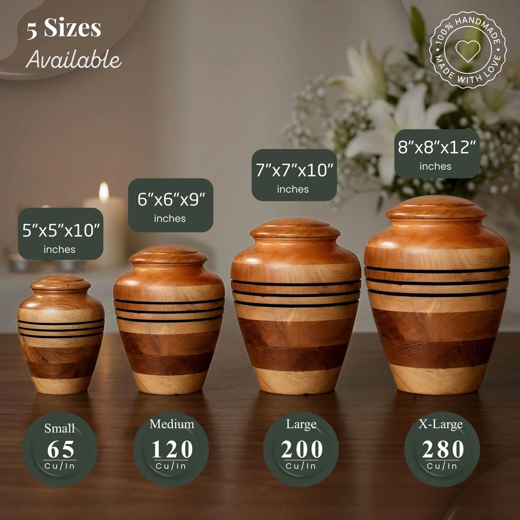 Set of wooden urns with dimensions and capacities displayed on a wooden surface.