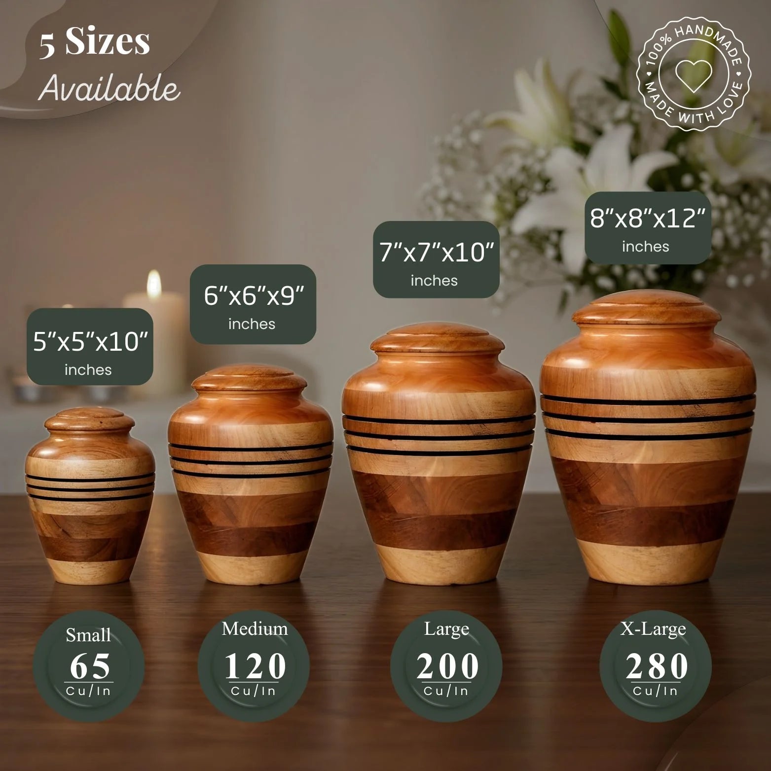 Set of wooden urns with dimensions and capacities displayed on a wooden surface.