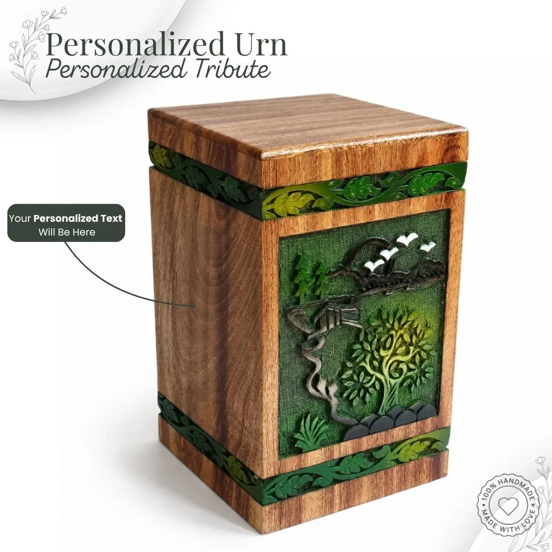Wooden urn with green decorative elements on a white background