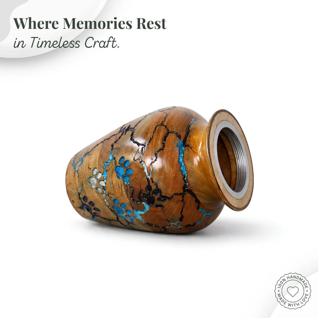 Wooden urn with turquoise inlay on a white background, featuring text about memories and craft.