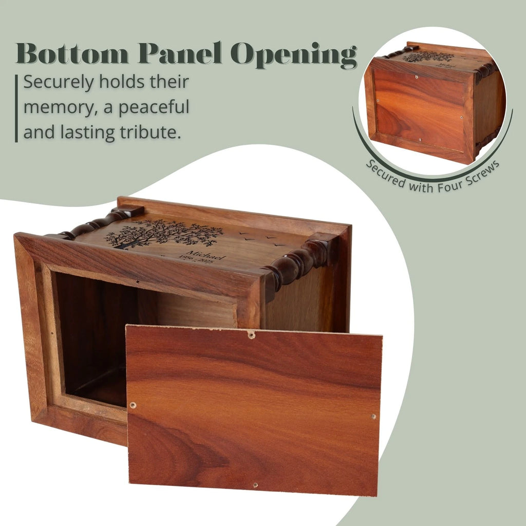Wooden urn with bottom panel opening on a light green background