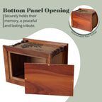 Wooden urn with bottom panel opening on a light green background