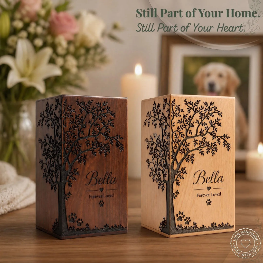 Two wooden candle holders with engraved tree design and 'Bella Forever Loved' text, placed on a surface with flowers and candles in the background.
