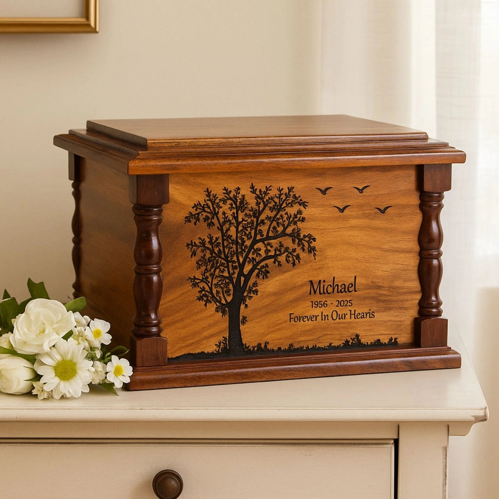 Wooden urn with tree design and engraved text on a white surface with flowers.