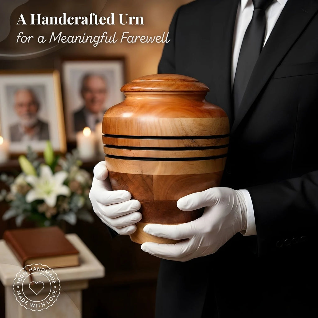 Person holding a wooden urn with a funeral setting in the background