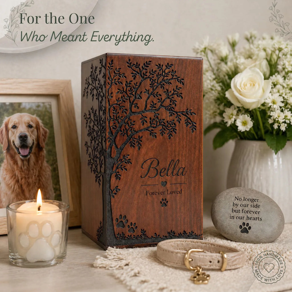 Wooden box with engraved tree and 'Bella' text, candle, photo of a dog, and stone with text on a table.