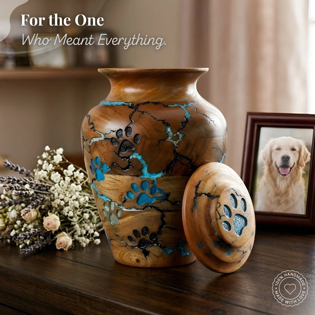 Wooden urn with paw prints and a photo of a dog on a wooden surface.