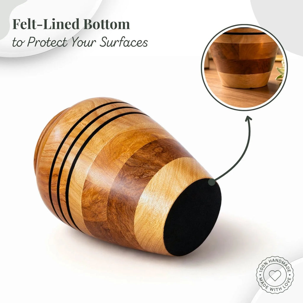 Wooden product with felt-lined bottom on a white background