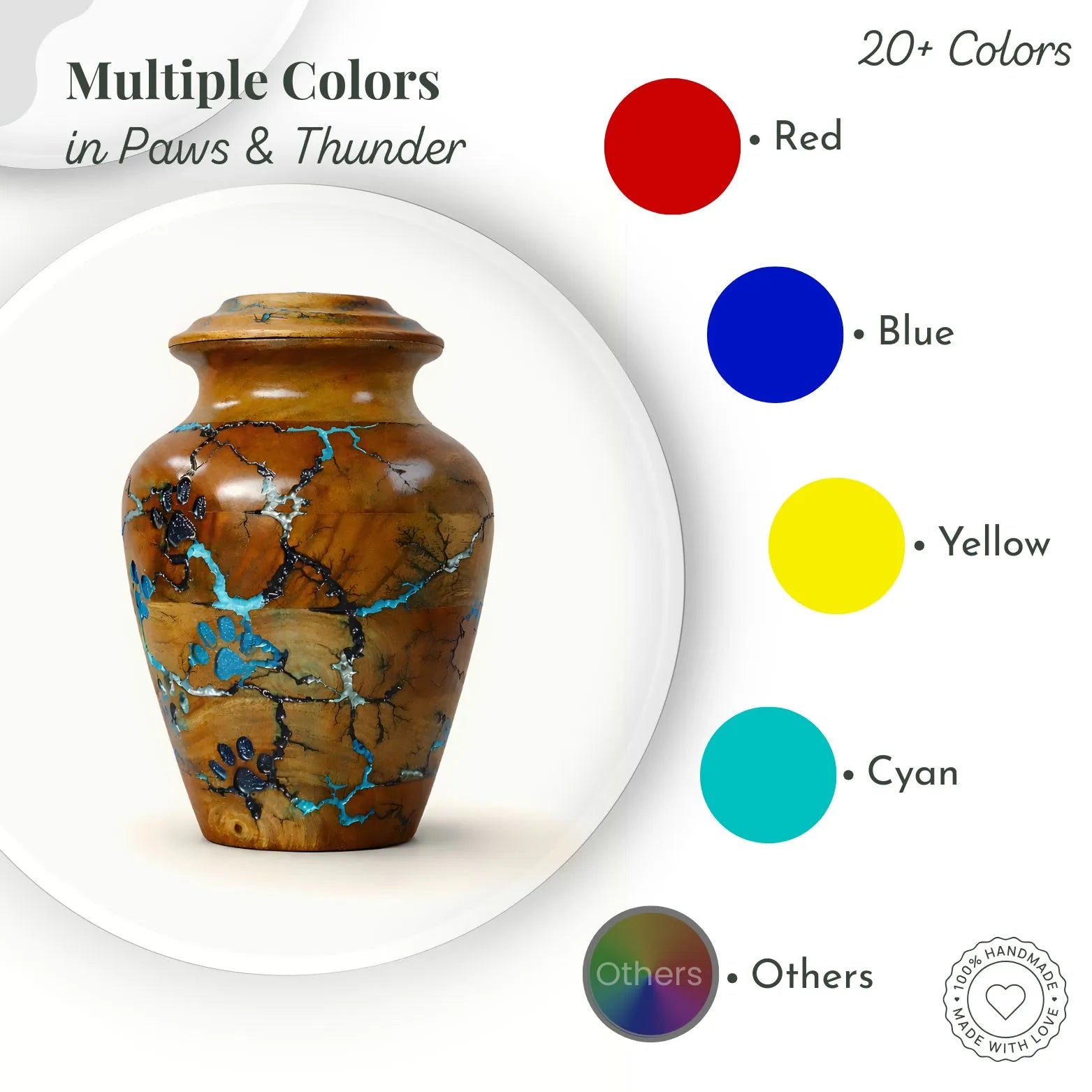 Wooden urn with marbled design on a white background, surrounded by color swatches for customization.