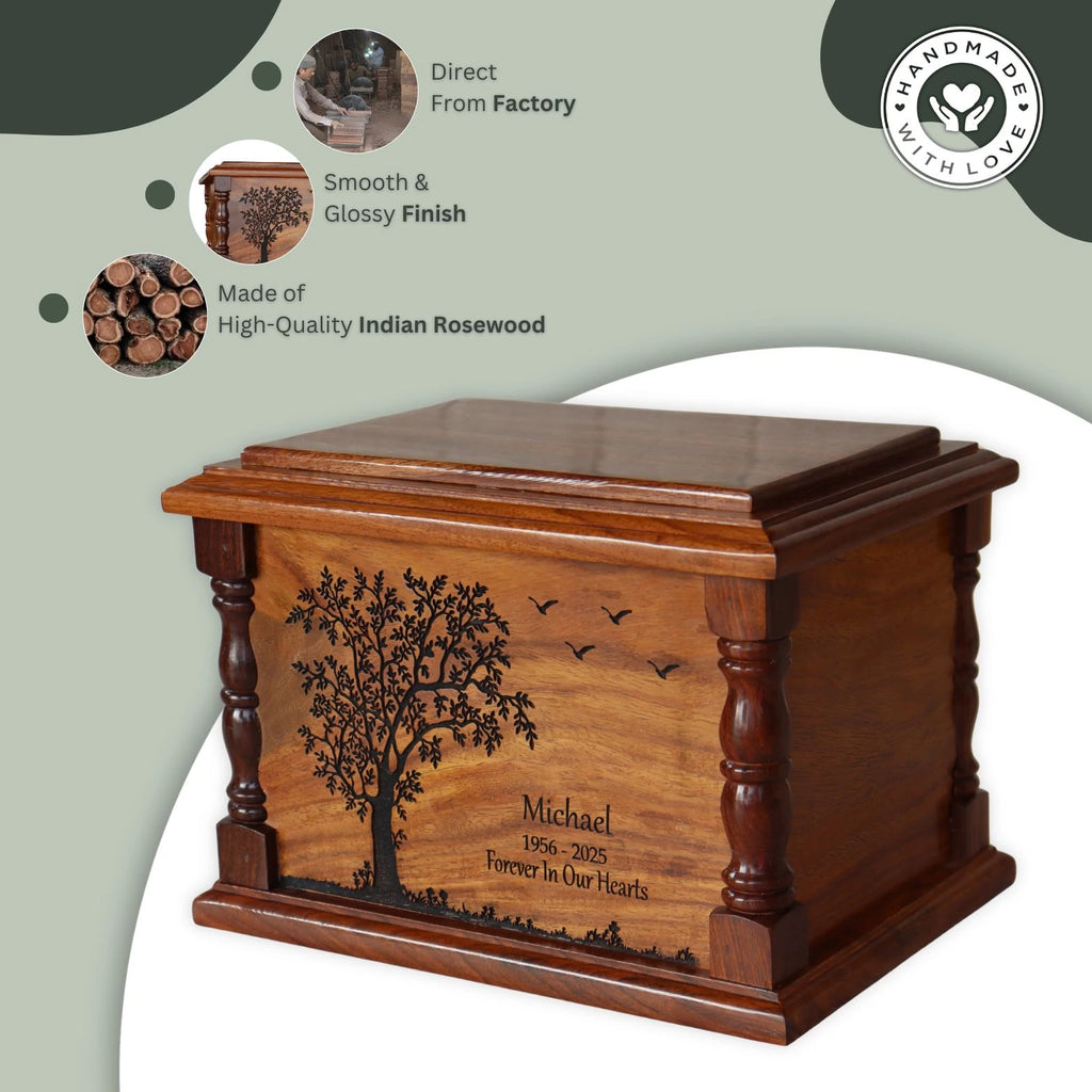 Wooden urn with engraved design on a light green background
