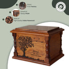 Wooden urn with engraved design on a light green background