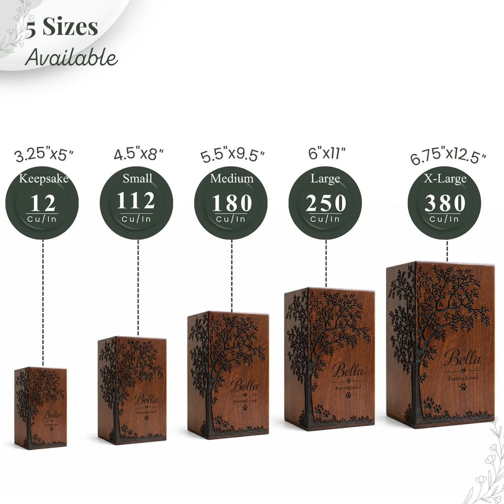 Wooden boxes of different sizes with tree design and 'Bella' branding, labeled with volume measurements.