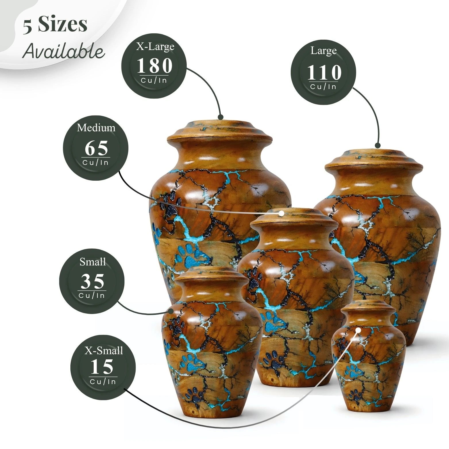 Set of wooden urns with marble-like pattern, showing different sizes with volume capacities.