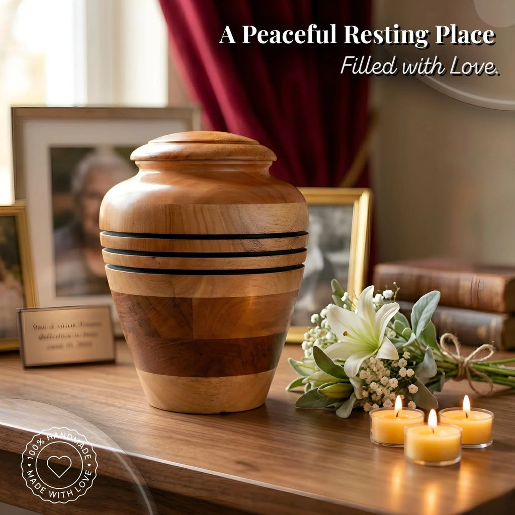 Wooden urn on a table with candles and flowers, with text 'A Peaceful Resting Place Filled with Love'.